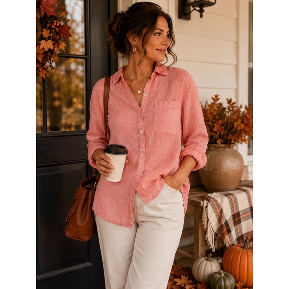 Sigrid Olsen Tops - Sigrid Olsen Womens Large Coral Pink 100% Linen Button Down Shirt High Low Hem